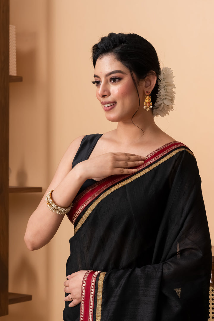 Black Pure Ghicha Silk  Saree With Minimal Zari  Border  | SILK MARK CERTIFIED |  Shobitam