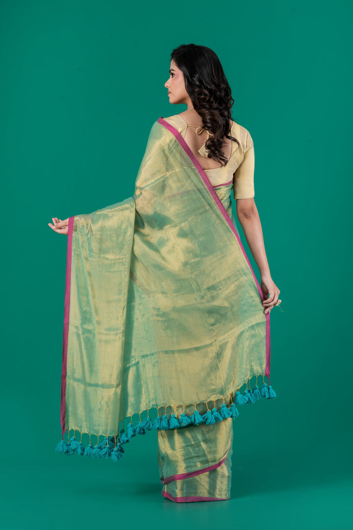 Green dual tone shimmer cotton saree | SHOBITAM