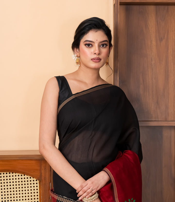 Half n half cotton silk black red saree | SHOBITAM