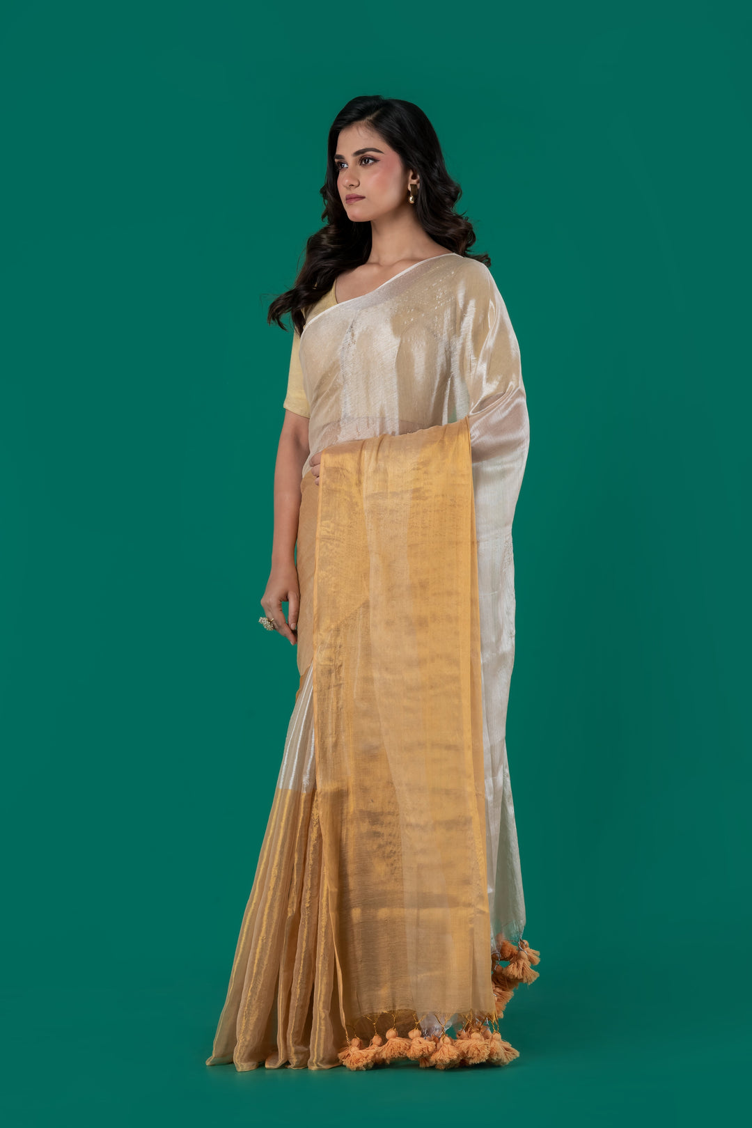 Half n half gold silver Tissue cotton saree | SHOBITAM