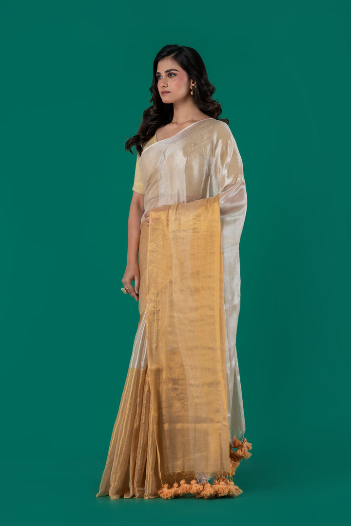 Half n half gold silver Tissue cotton saree | SHOBITAM