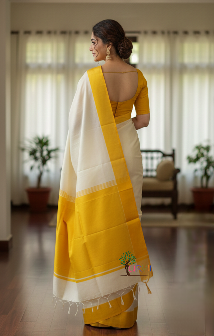 Yellow and white Garad silk saree | SHOBITAM