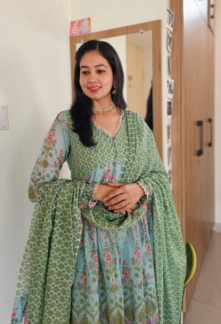 APARAJITA Green Sharara Cotton Embroidered and Mirrorwork Kurta Set Of 3