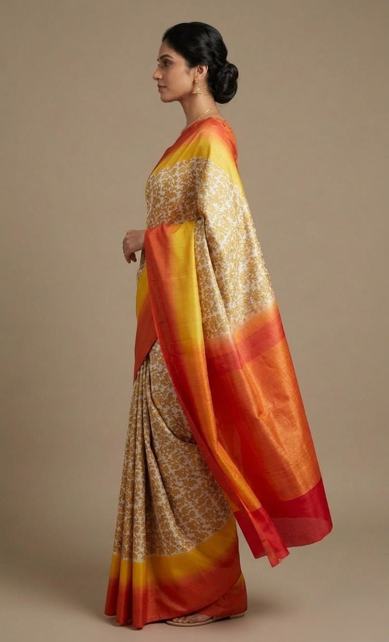 Orange yellow pure silk saree | SILK MARK CERTIFIED | SHOBITAM