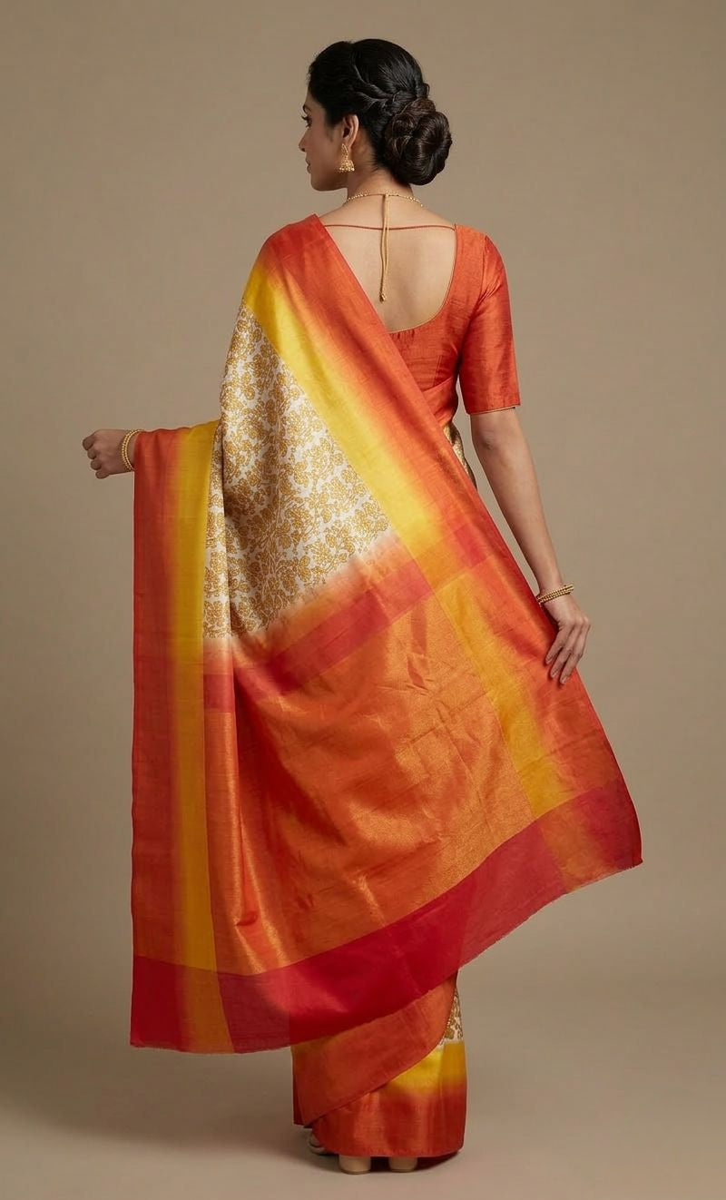 Orange yellow pure silk saree | SILK MARK CERTIFIED | SHOBITAM