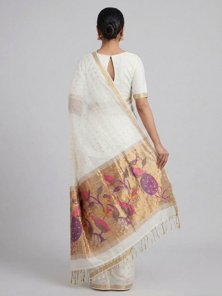 Off white handspun resham paithani silk saree | SHOBITAM