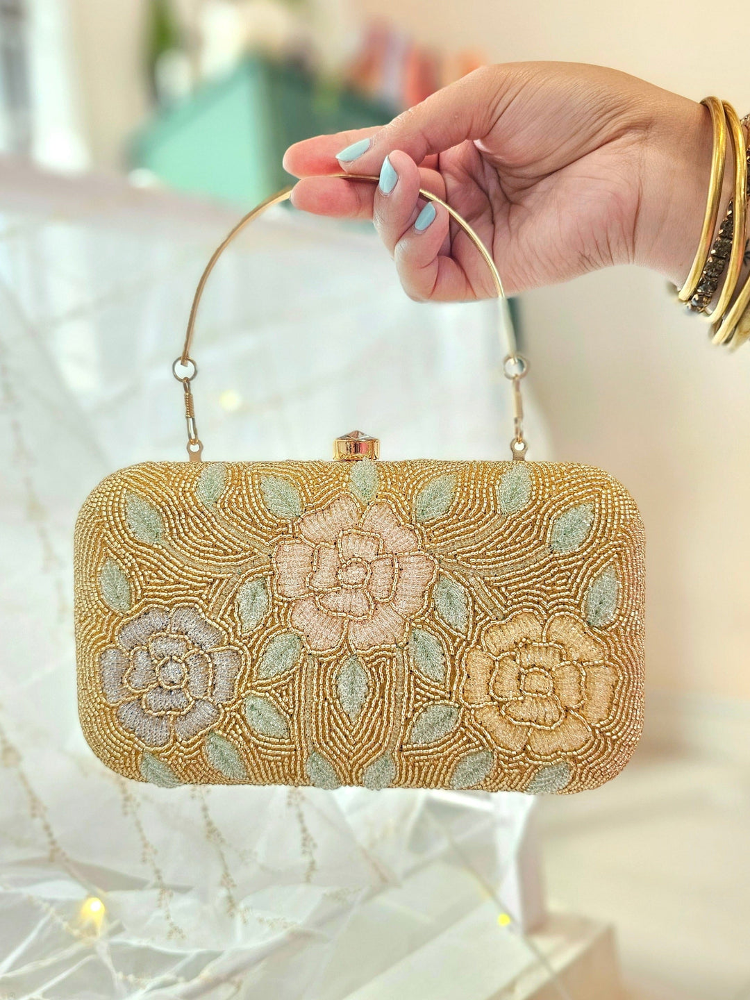 ZIA Golden Beads and Hand Embroidered Handbag