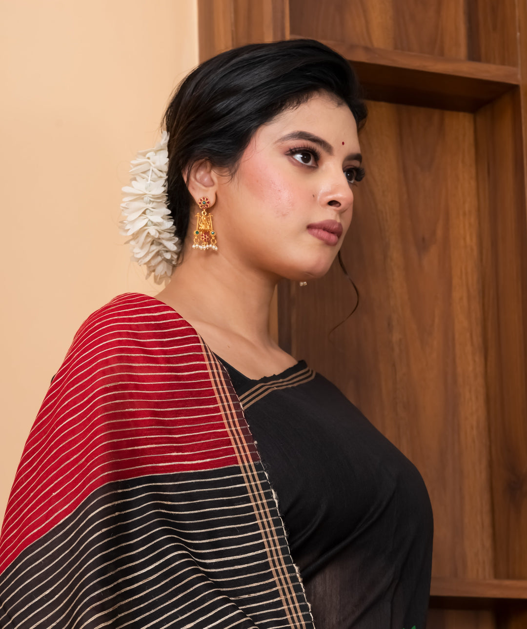 Half n half cotton silk black red saree | SHOBITAM