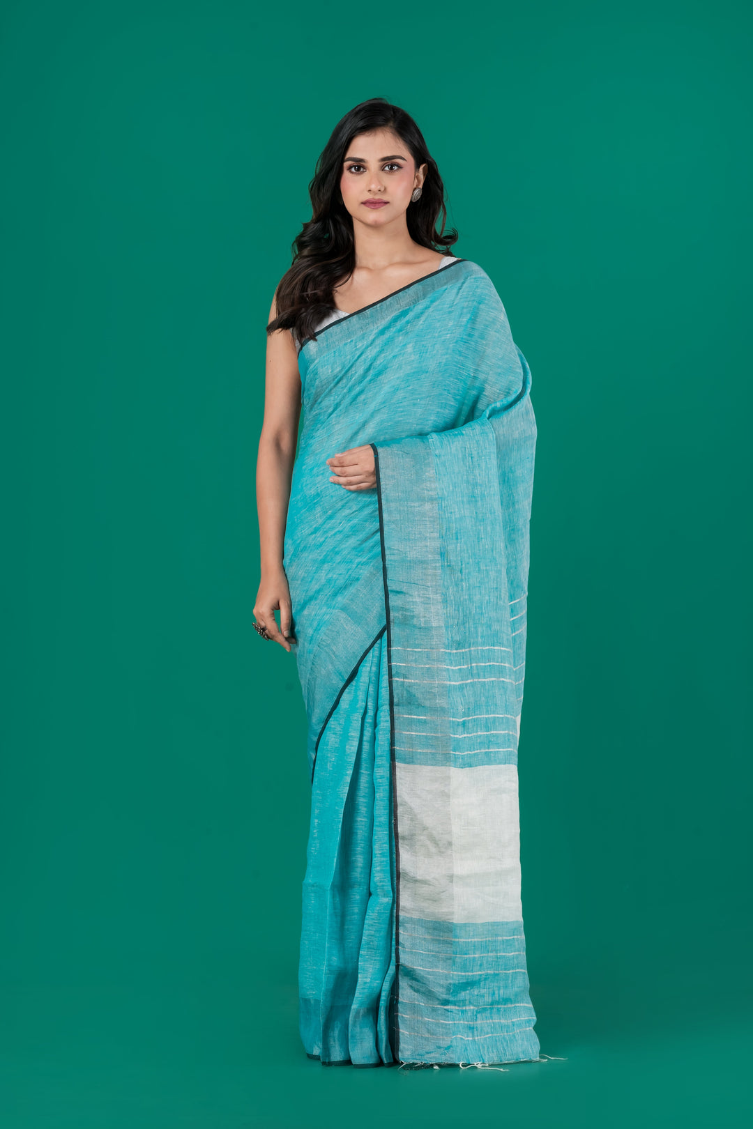 Turqoise blue pure linen saree | SHOBITAM