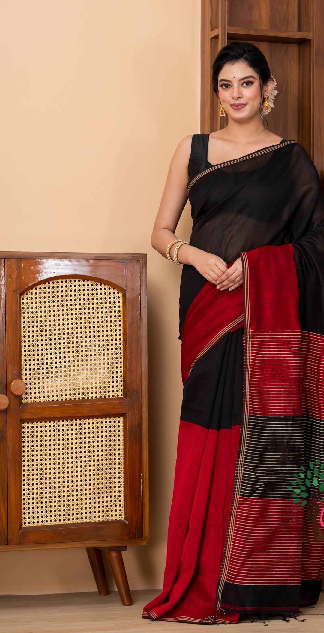 Half n half cotton silk black red saree | SHOBITAM
