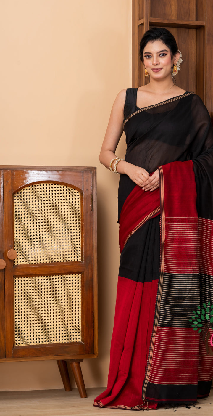 Half n half cotton silk black red saree | SHOBITAM