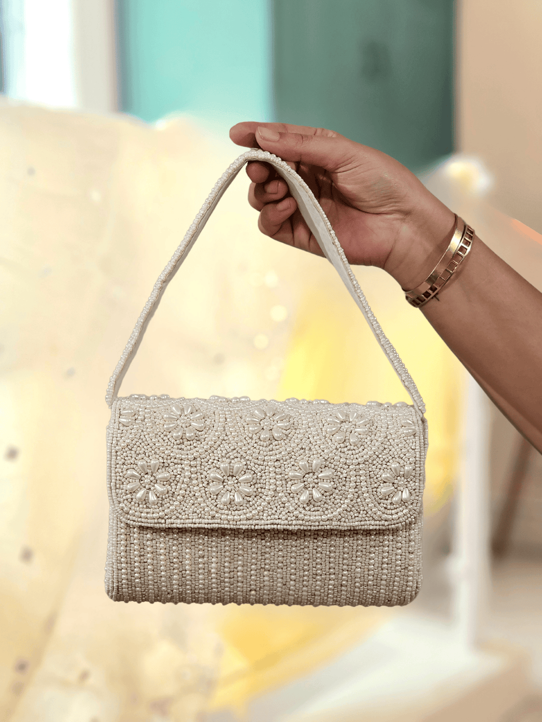 PARIZAAD White Beads and Hand Embroidered Handbag