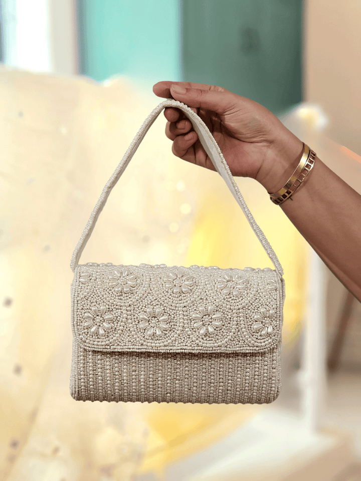 PARIZAAD White Beads and Hand Embroidered Handbag