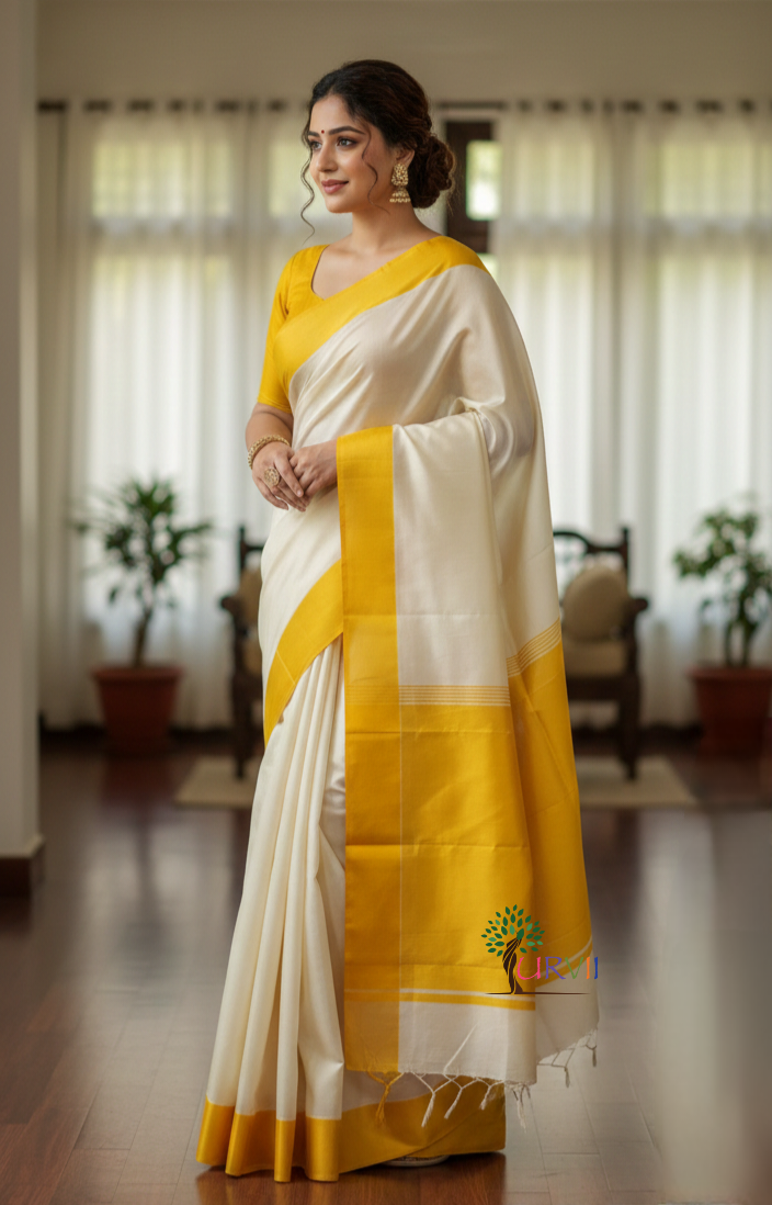 Yellow and white Garad silk saree | SHOBITAM
