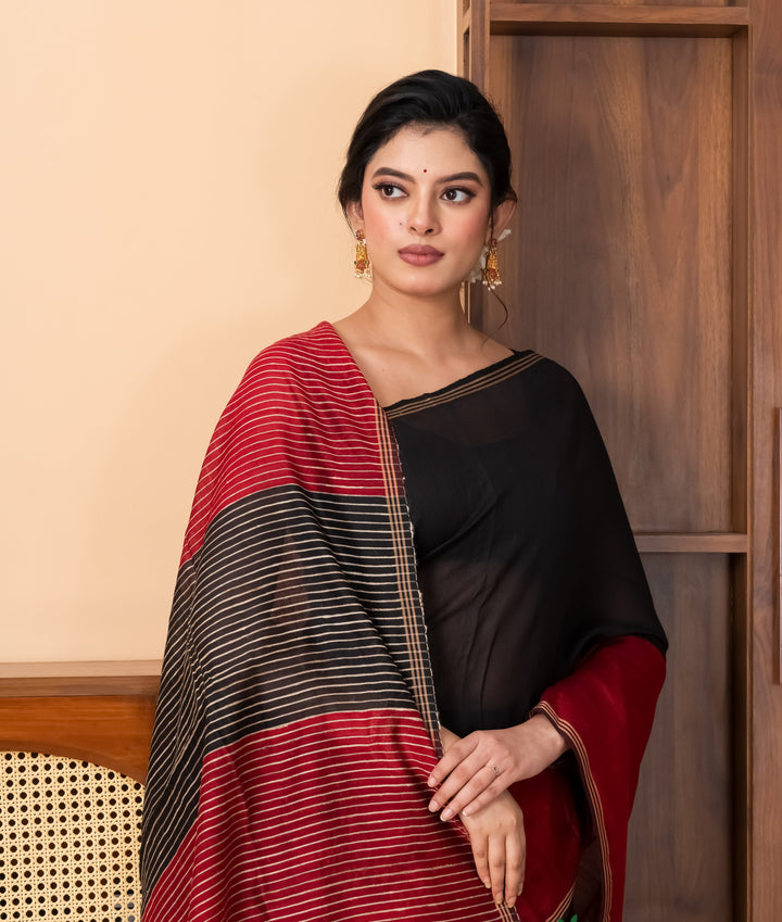 Half n half cotton silk black red saree | SHOBITAM