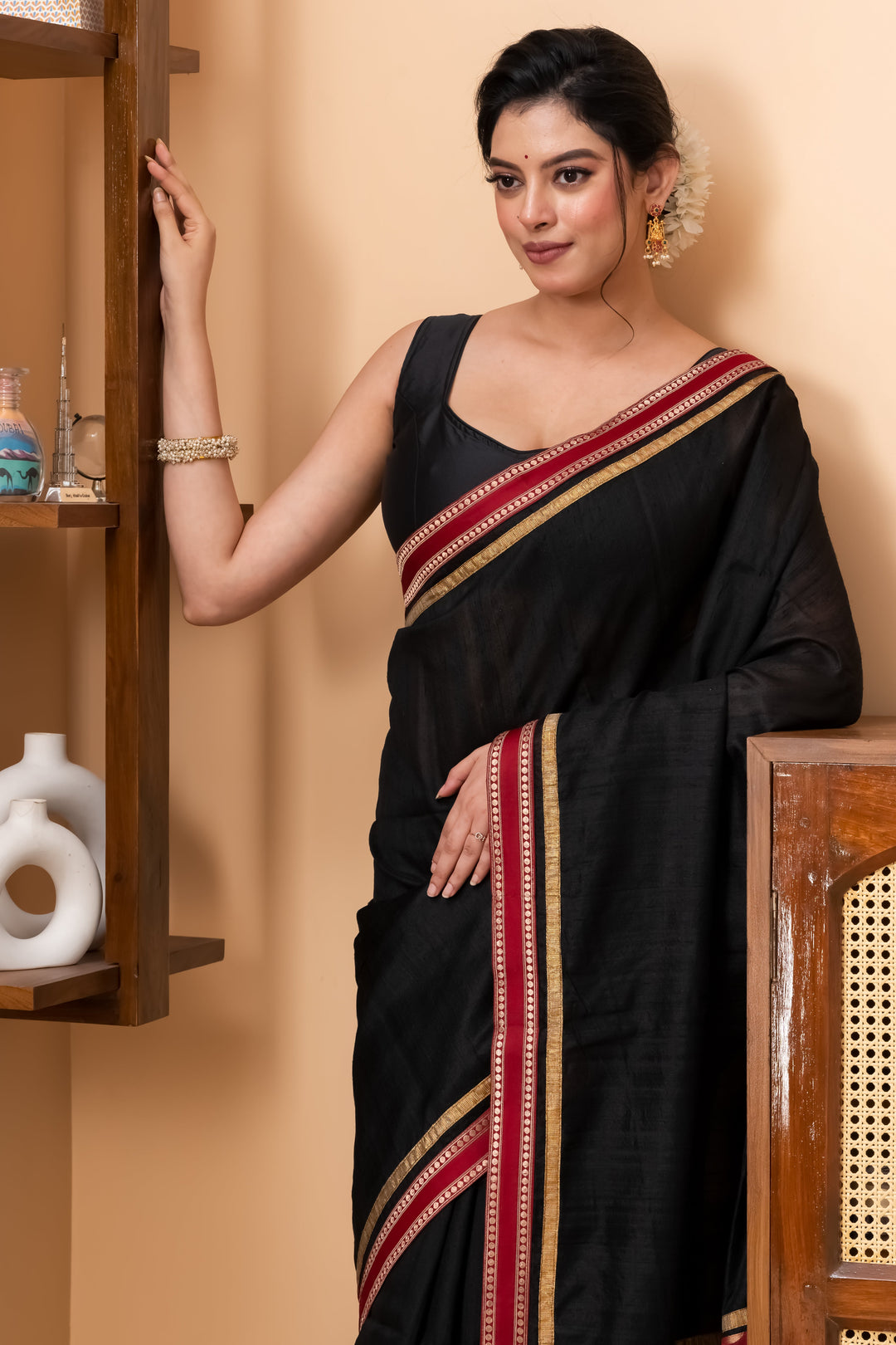 Black Pure Ghicha Silk  Saree With Minimal Zari  Border  | SILK MARK CERTIFIED |  Shobitam