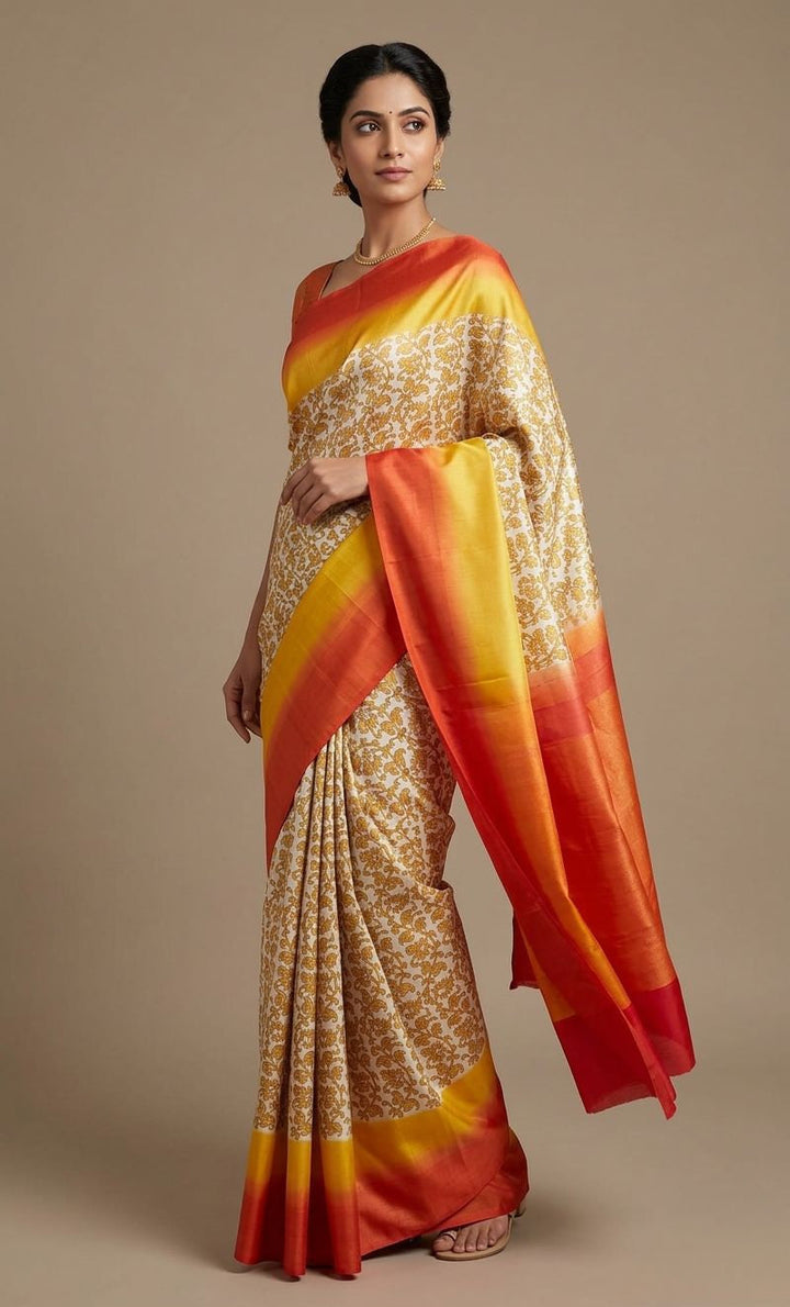 Orange yellow pure silk saree | SILK MARK CERTIFIED | SHOBITAM