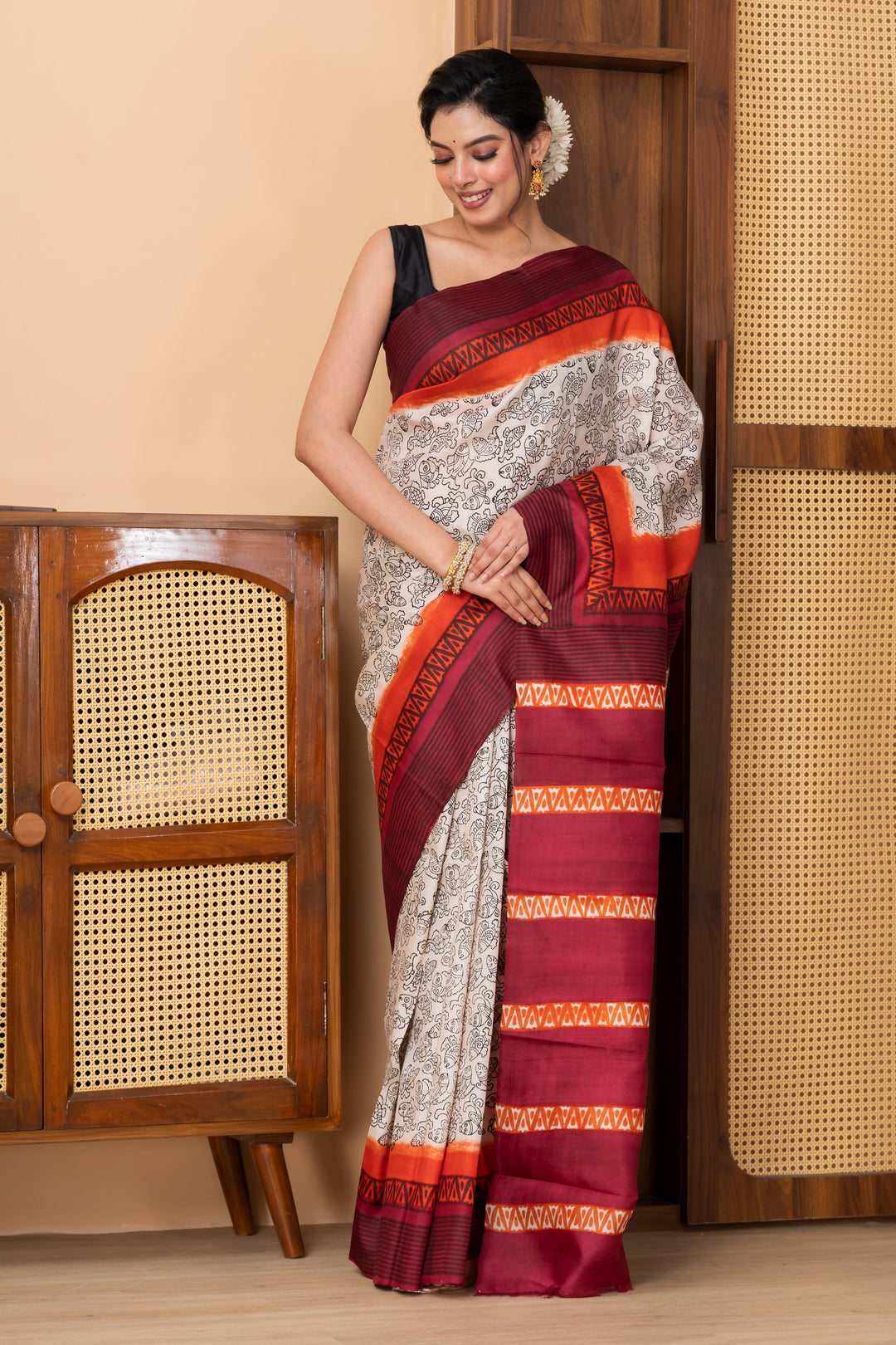 Red and orange border printed pure silk saree  | SILK MARK CERTIFIED | SHOBITAM