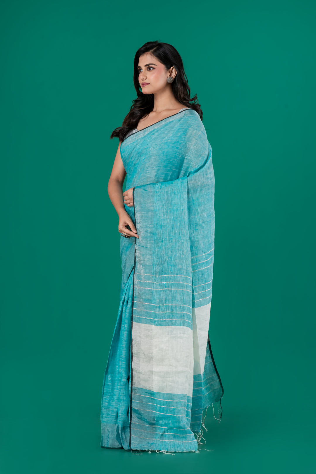 Turqoise blue pure linen saree | SHOBITAM