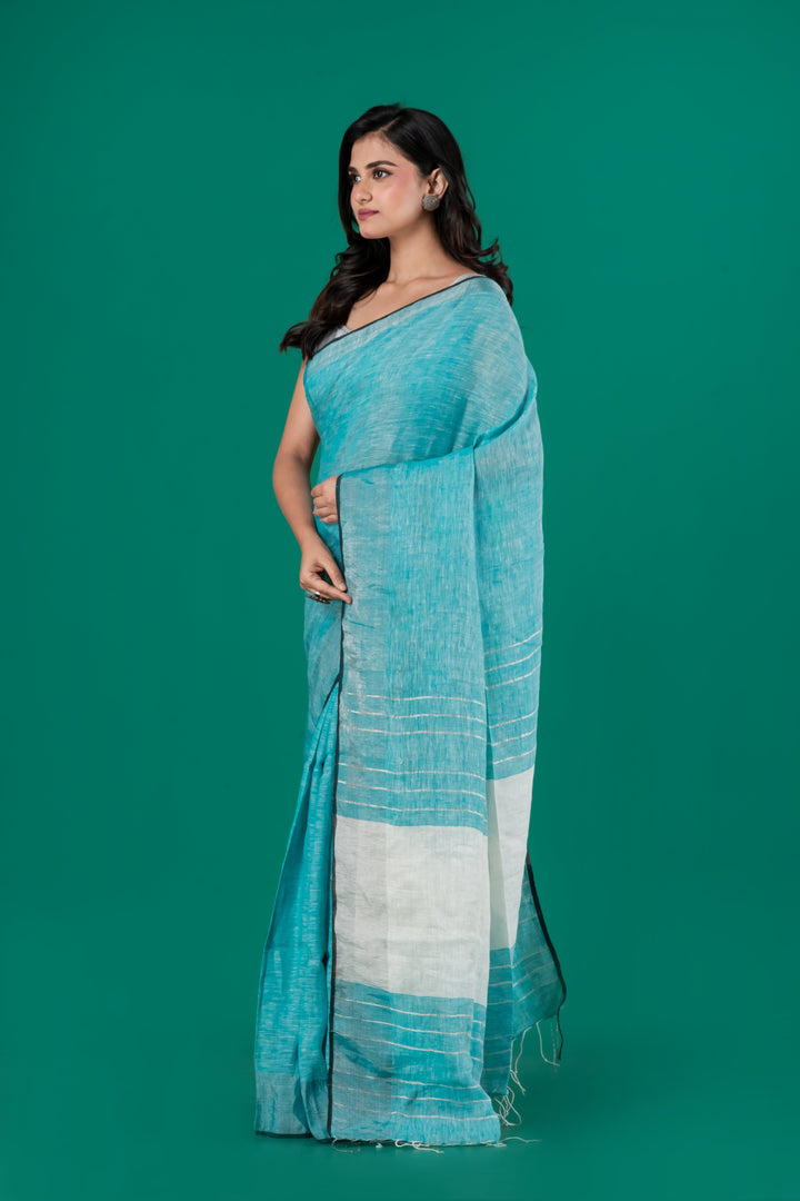 Turqoise blue pure linen saree | SHOBITAM
