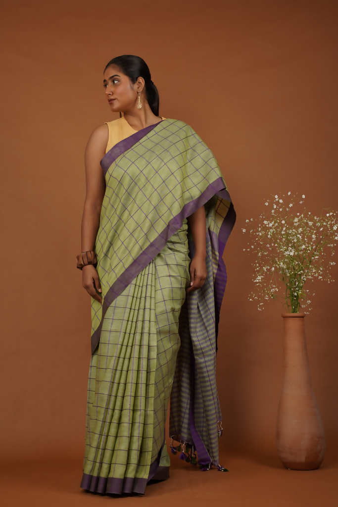Vanika Rekha Handwoven Olive Green Cotton Saree  | SHOBITAM