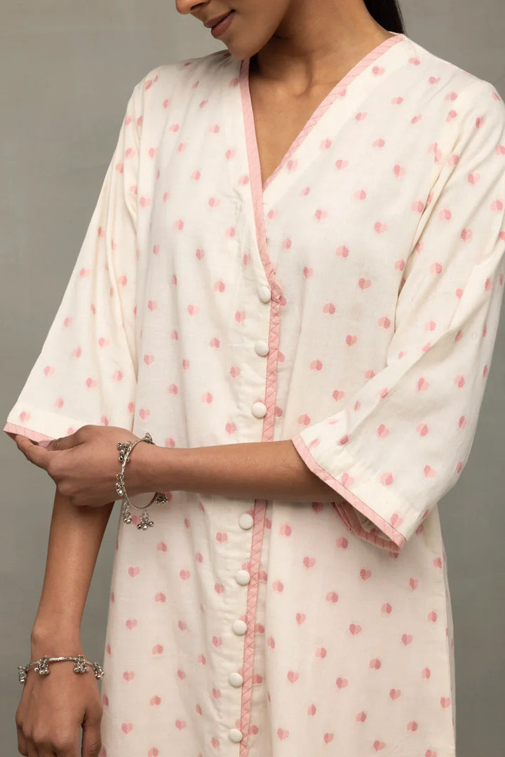 Blush Pink & White Heart Woven Co-Ord Set | SHOBITAM