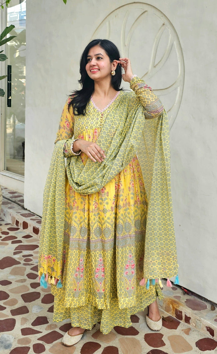 ROOH Yellow Printed Cotton Sharaa Set