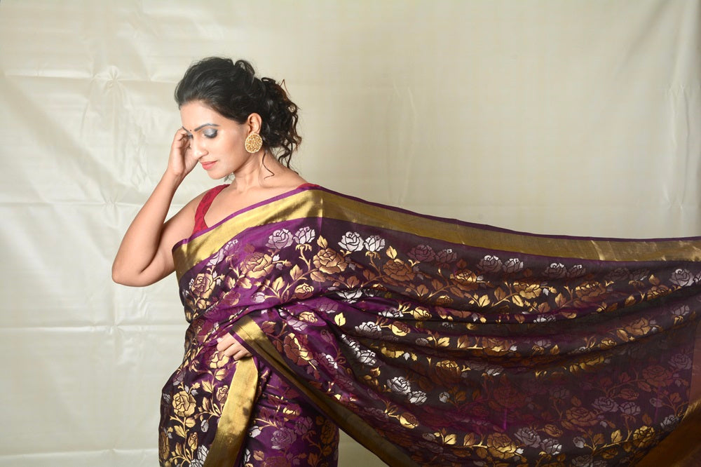 Rose Luxe - PRE-ORDER Royal Handwoven Jamdani Silk Saree | SILK MARK CERTIFIED | SHOBITAM