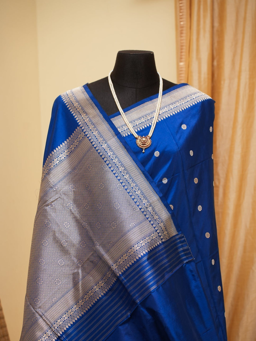 Royal Blue Banarasi Katan Silk Handloom Saree with Silver Zari Buttas | SILK MARK CERTIFIED | SHOBITAM