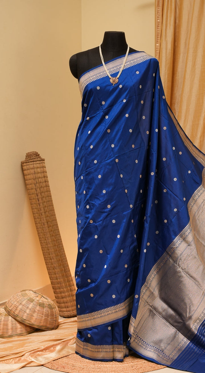 Royal Blue Banarasi Katan Silk Handloom Saree with Silver Zari Buttas | SILK MARK CERTIFIED | SHOBITAM
