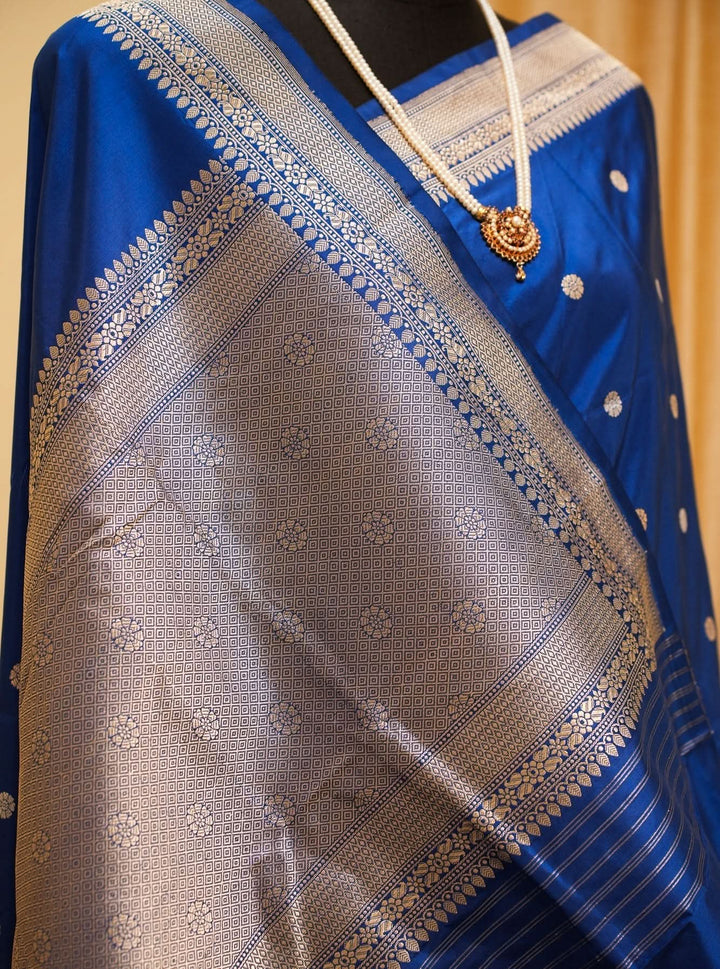 Royal Blue Banarasi Katan Silk Handloom Saree with Silver Zari Buttas | SILK MARK CERTIFIED | SHOBITAM