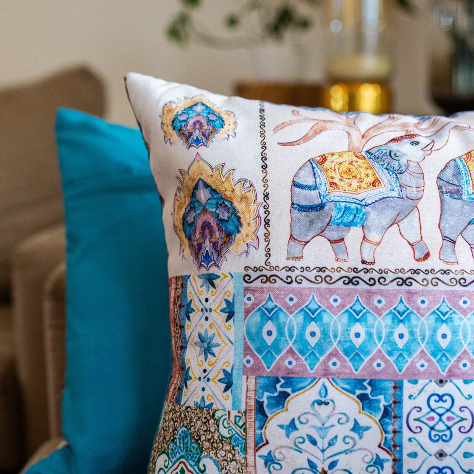 Royal Garden Blue Elephant Print Cushion Covers, 16" x 16", Pack of 2