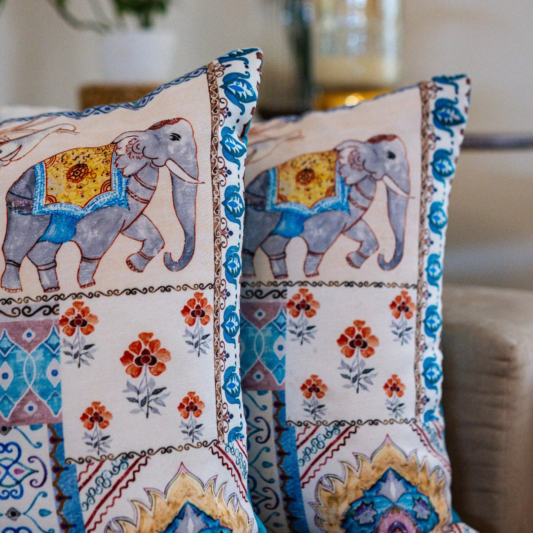 Royal Garden Blue Elephant Print Cushion Covers, 16" x 16", Pack of 2