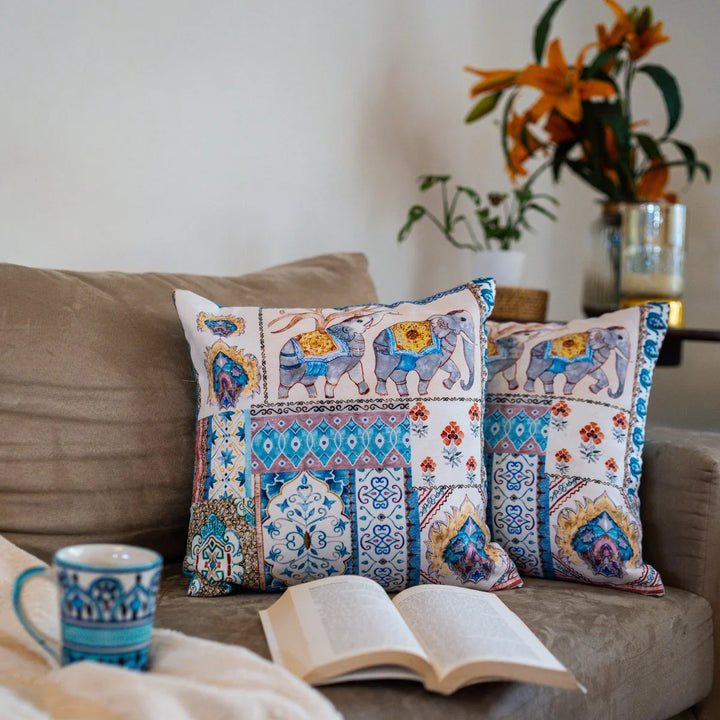 Royal Garden Blue Elephant Print Cushion Covers, 16" x 16", Pack of 2