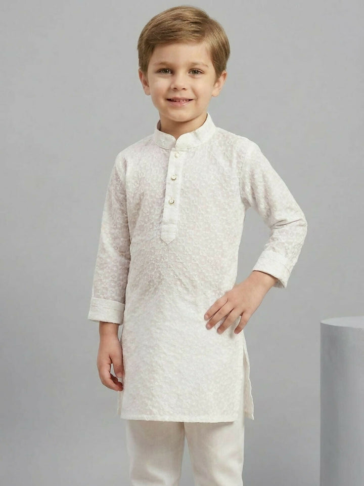 Boys Embroidered White Ethnic Wear Kurta Pajama Set | SHOBITAM