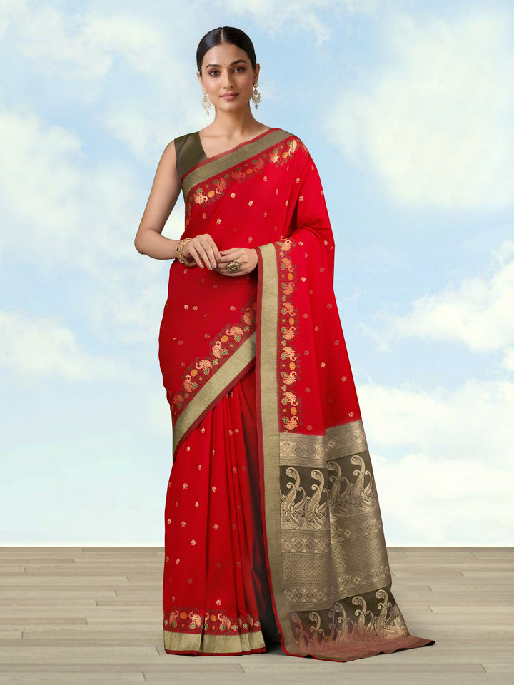 Red Banarasi Silk Blend Saree | SHOBITAM