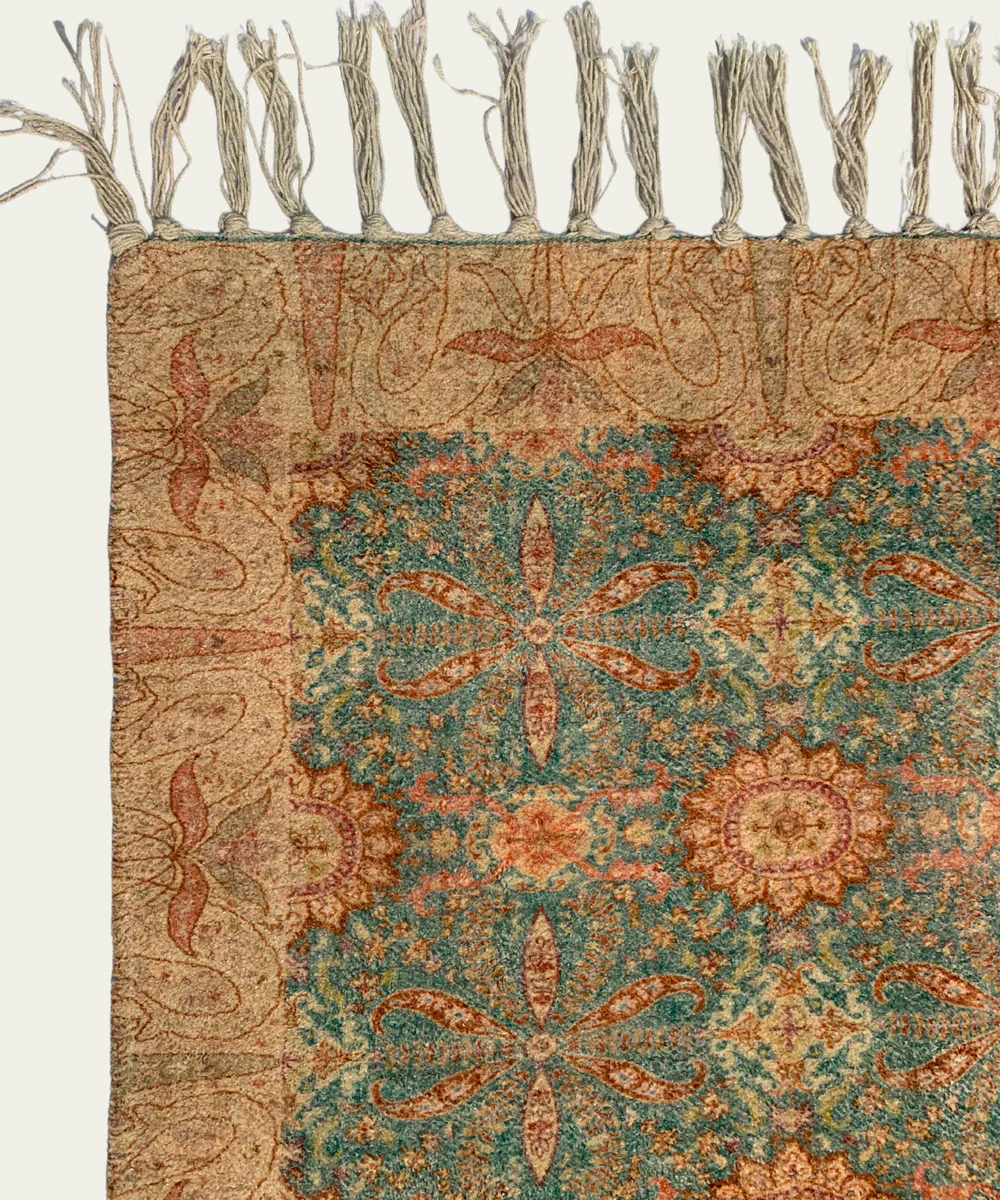 4x6 Feet Printed Rug | Bluish Green & Beige | Cotton | SHOBITAM