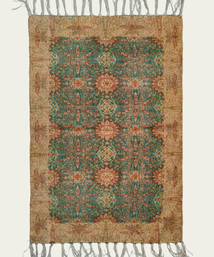 4x6 Feet Printed Rug | Bluish Green & Beige | Cotton | SHOBITAM