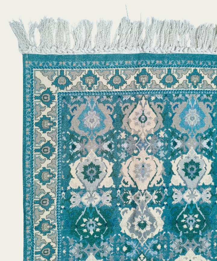 2x3 Feet Printed Rug | Greenish blue & beige | Cotton | SHOBITAM