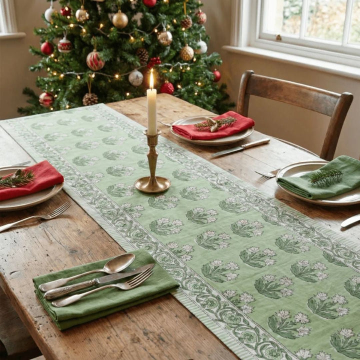 Pastel Florals Block Print Table Runner – 72" x 13", 100% Cotton-SHOBITAM