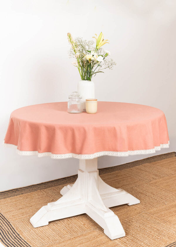 Solid Rust 100% cotton plain table cloth for 4 seater or 6 seater dining with lace border | SHOBITAM