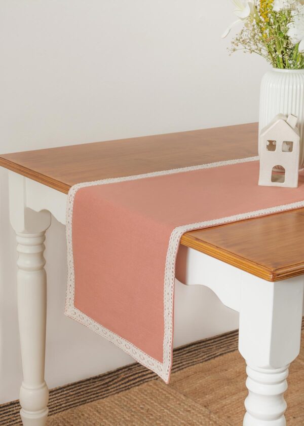 Solid Rust 100% cotton plain table runner for 4 seater or 6 seater dining with lace border - Rust | SHOBITAM