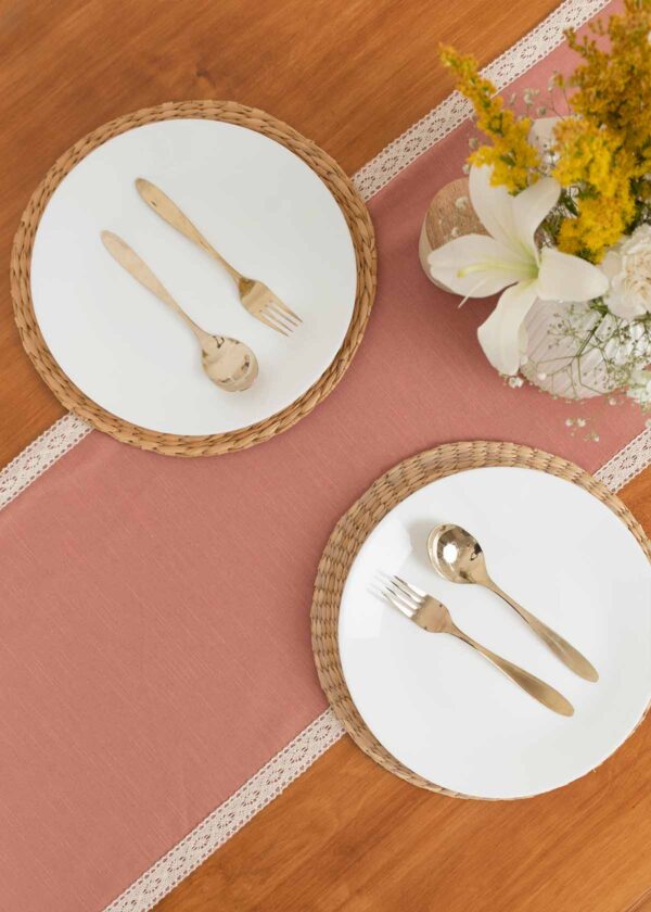 Solid Rust 100% cotton plain table runner for 4 seater or 6 seater dining with lace border - Rust | SHOBITAM