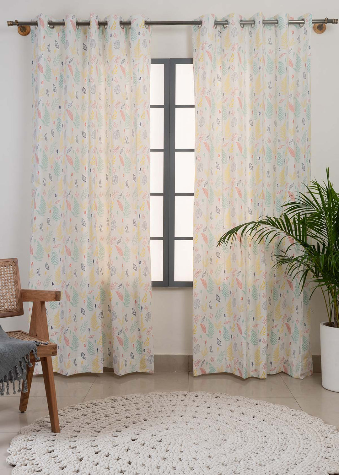 Rustling Leaves Multicolor 100% cotton floral curtain for bed room - Light Reduction - Single Piece | SHOBITAM