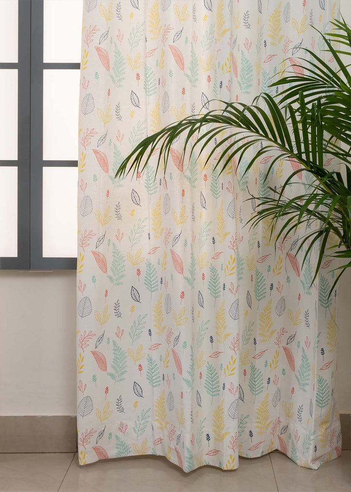 Rustling Leaves Multicolor 100% cotton floral curtain for bed room - Light Reduction - Single Piece | SHOBITAM