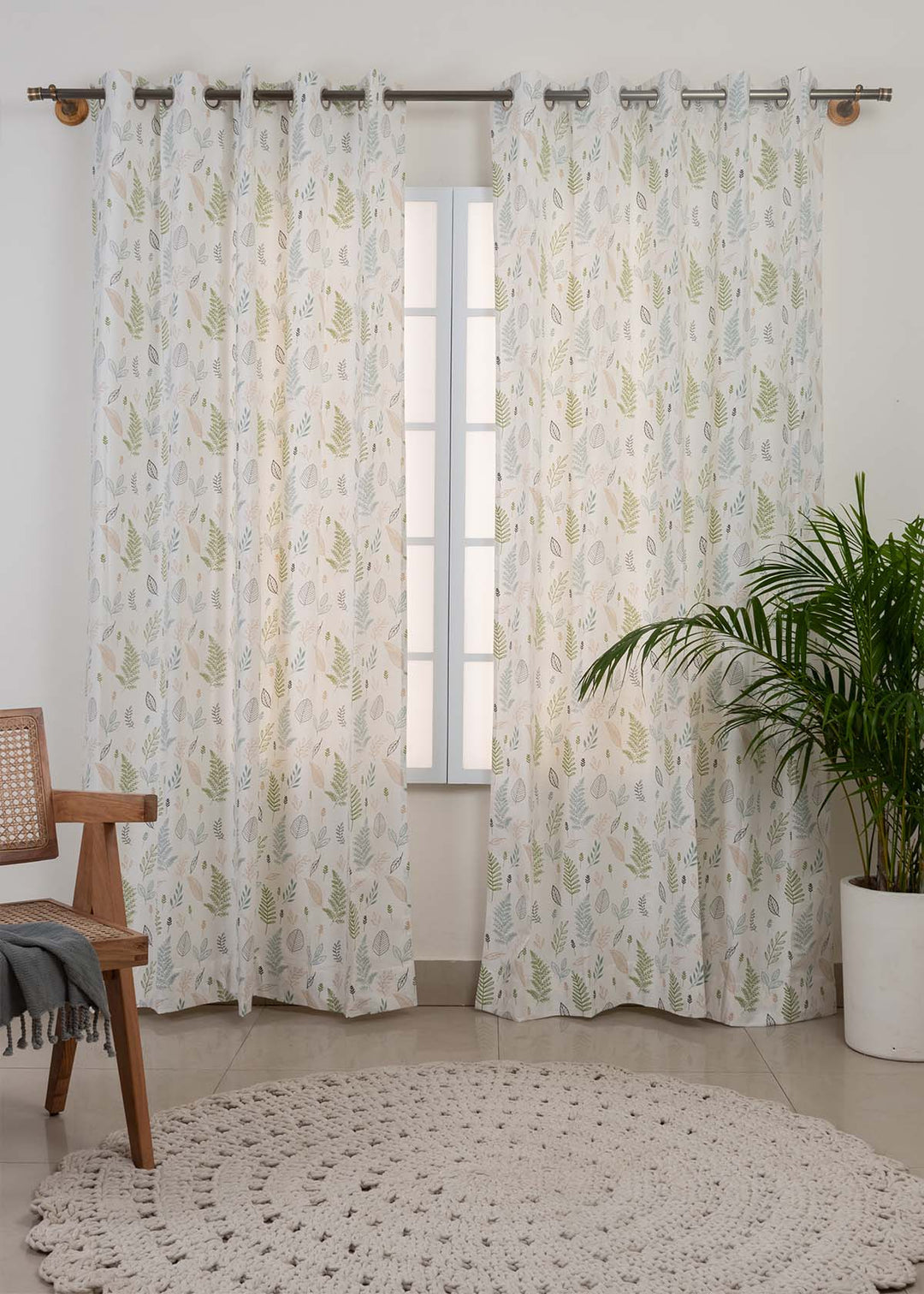 Rustling Leaves Green 100% cotton floral curtain for bed room - Light Reduction - Single Piece | SHOBITAM