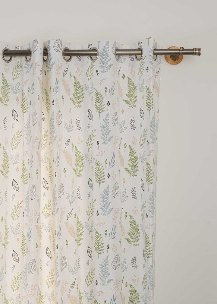 Rustling Leaves Green 100% cotton floral curtain for bed room - Light Reduction - Single Piece | SHOBITAM