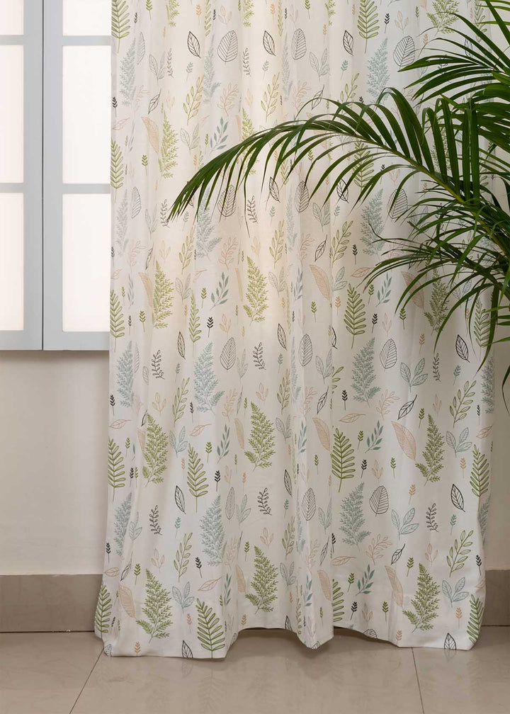 Rustling Leaves Green 100% cotton floral curtain for bed room - Light Reduction - Single Piece | SHOBITAM
