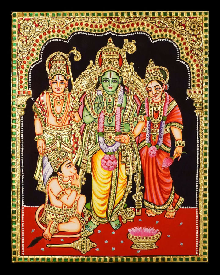 15*12 Kodandarama Tanjore painting Authentic with 22 Ct Gold Foil and Jaipur Gemstones, Unframed | SHOBITAM