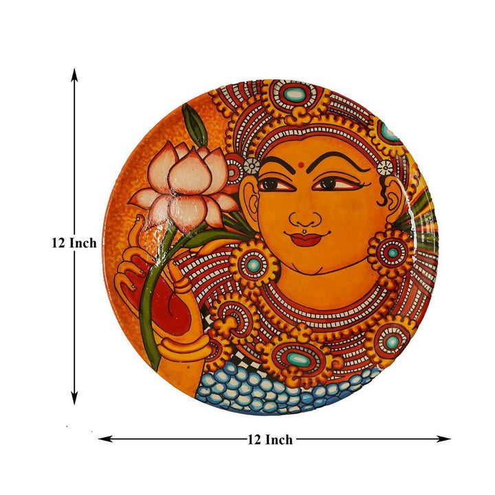 12" Kerala Mural  Handpainted Lady with Lotus Wooden Wall Plate | SHOBITAM